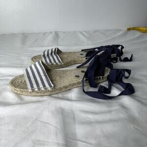 Boden Shoes Womens Size 6 Blue White 37 Striped Espadrille Tie Up Summer Flats